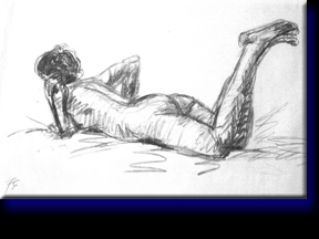 "Female Nude on Stomach", charcoal on paper.